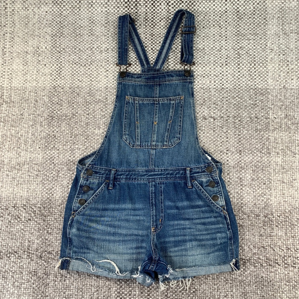 Abercrombie & Fitch Shortall Overalls Womens Small Blue Denim Raw Hem AF1101 BA